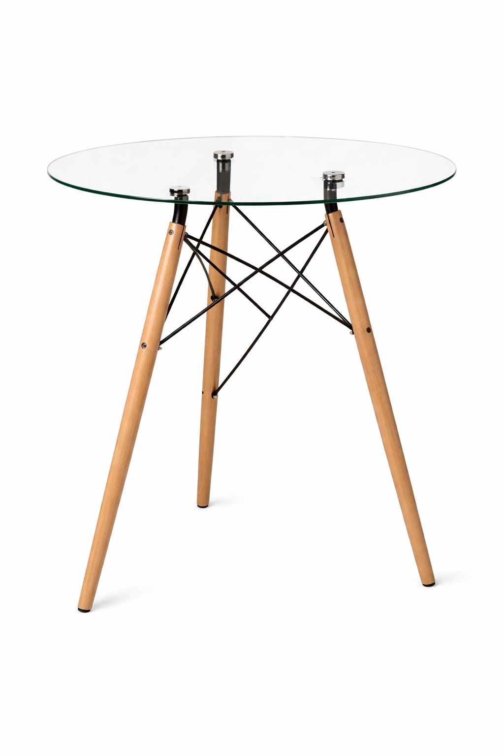 MESA LATERAL REDONDA DE VIDRIO CON PATAS DE MADERA