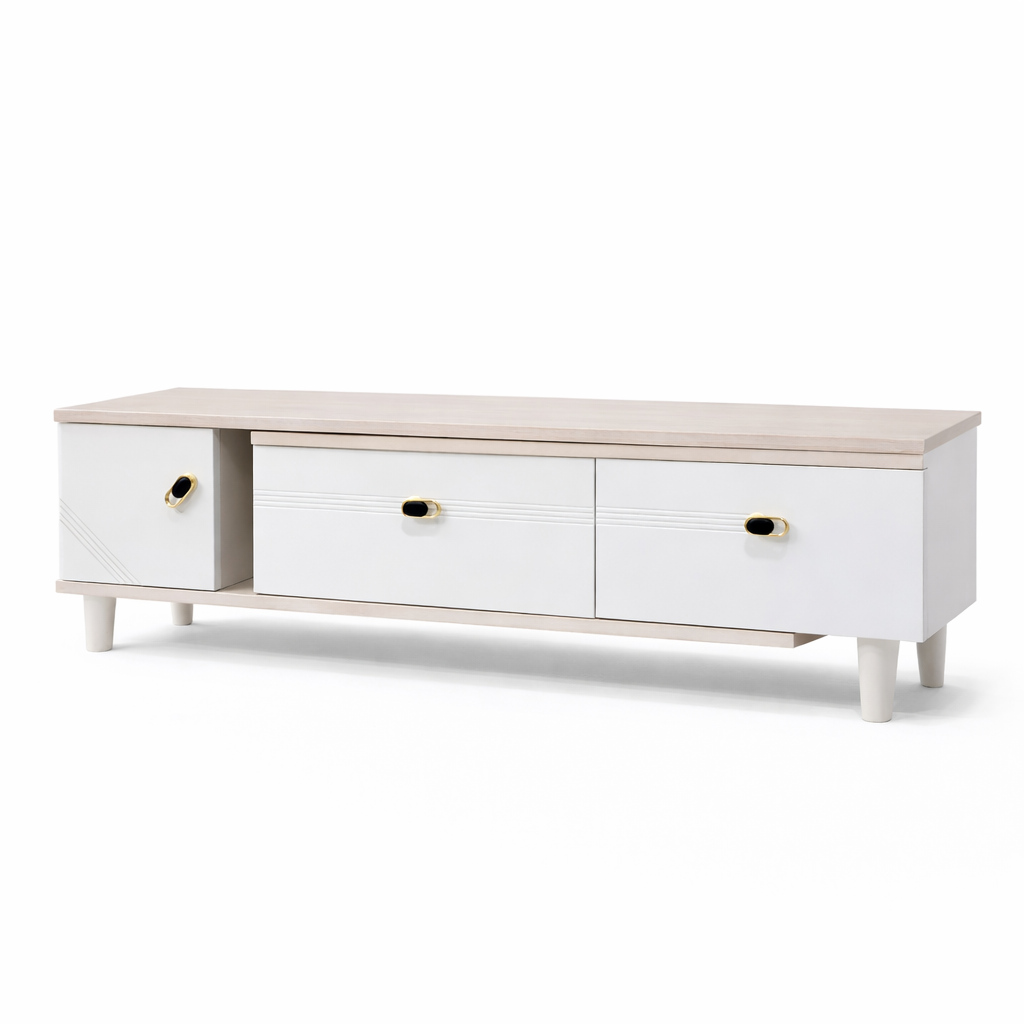 Rack De Tv Moderno Blanco Con Cubierta Madera