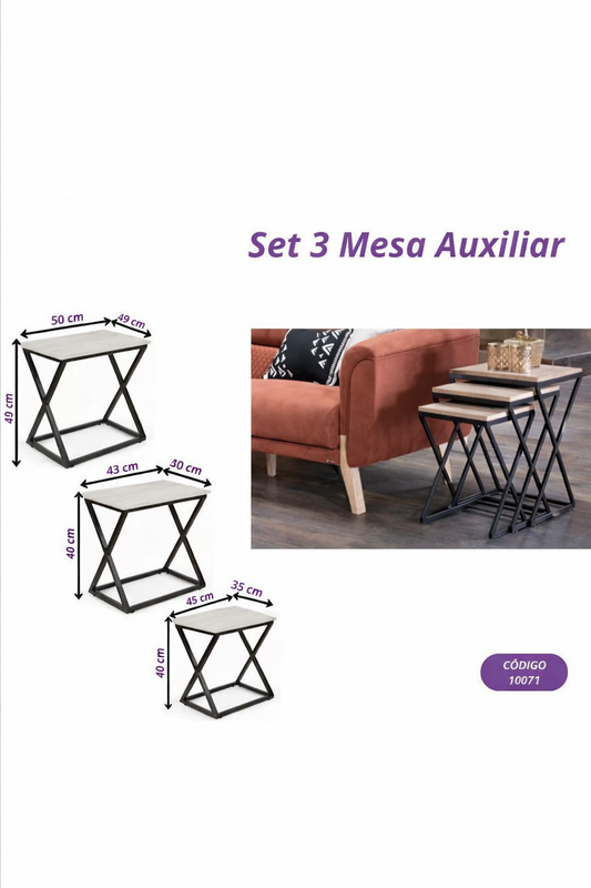 Set 3 Mesas Auxiliares Metal & Wood