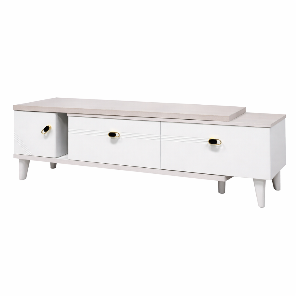 MUEBLE PARA TV MODERNO BLANCO CON CUBIERTA MADERA