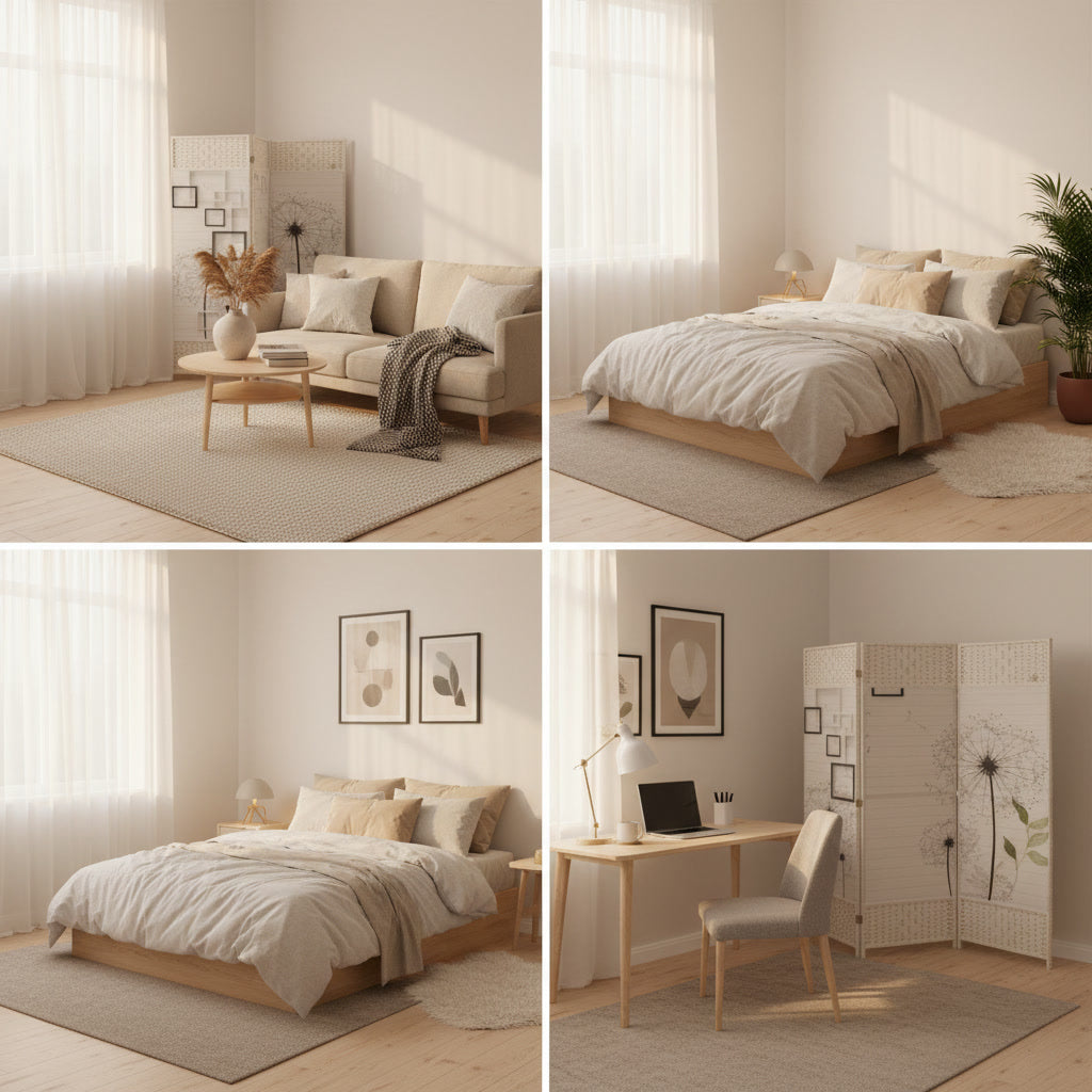 BIOMBO DECORATIVO 4 PANELES DISEÑO BOTÁNICO MODERNO