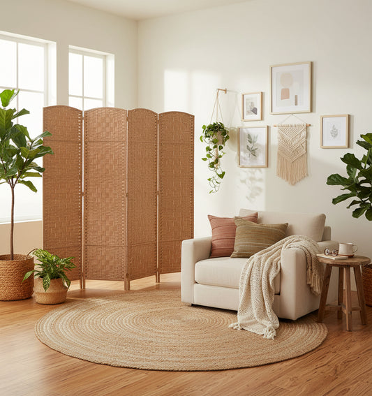 BIOMBO DIVISOR DE AMBIENTES BAMBÚ 4 PANELES BEIGE