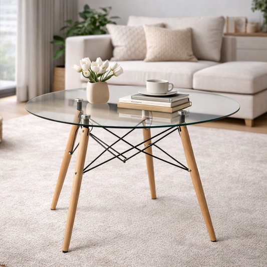 MESA LATERAL REDONDA DE VIDRIO CON PATAS DE MADERA