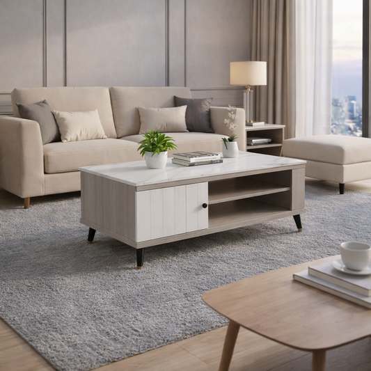 MESA DE CENTRO MODERNA CON GABINETE Y REPISA