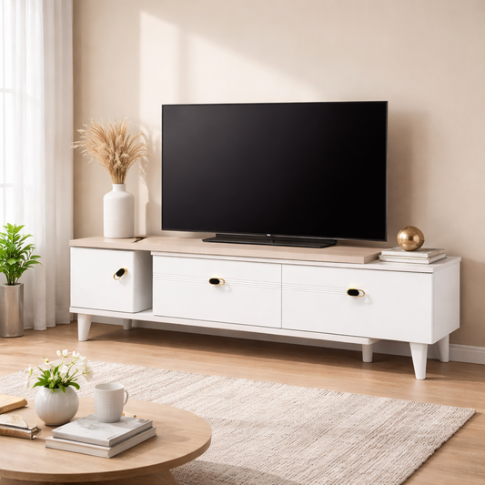 MUEBLE PARA TV MODERNO BLANCO CON CUBIERTA MADERA
