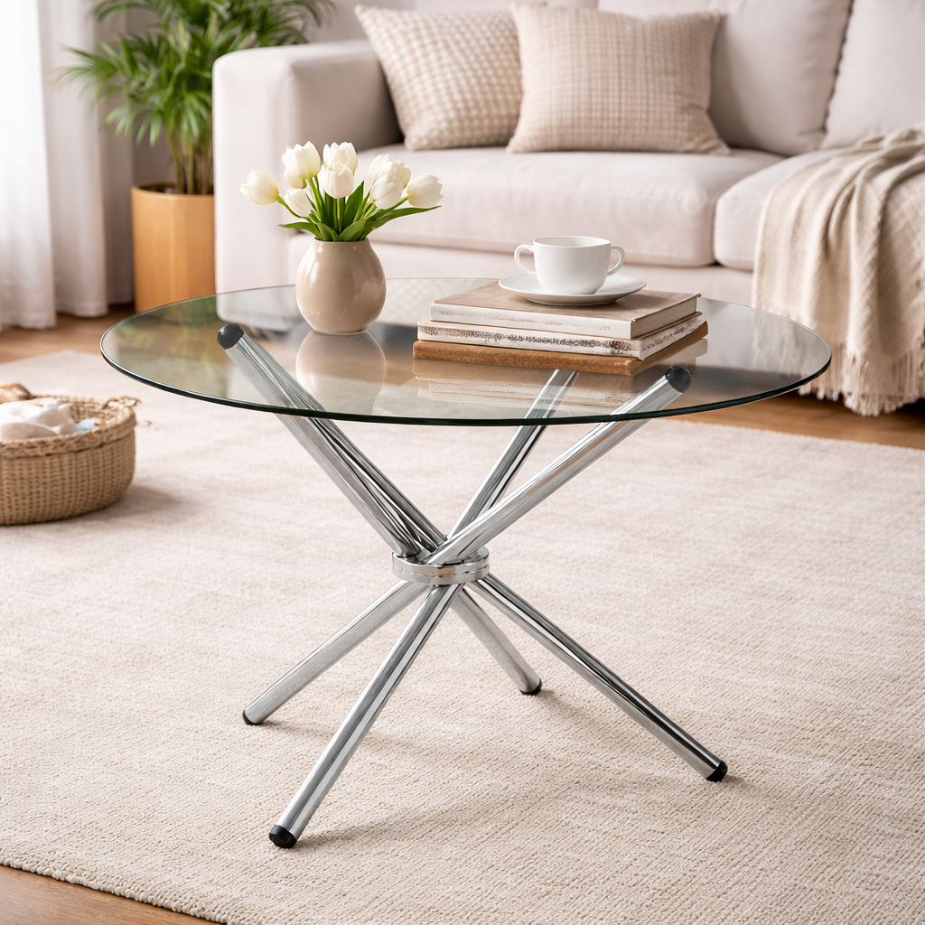 MESA LATERAL REDONDA DE VIDRIO CON BASE CROMADA