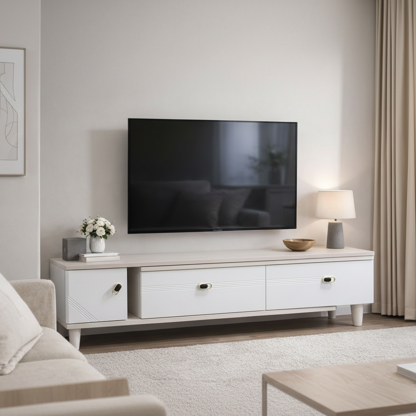 Rack De Tv Moderno Blanco Con Cubierta Madera