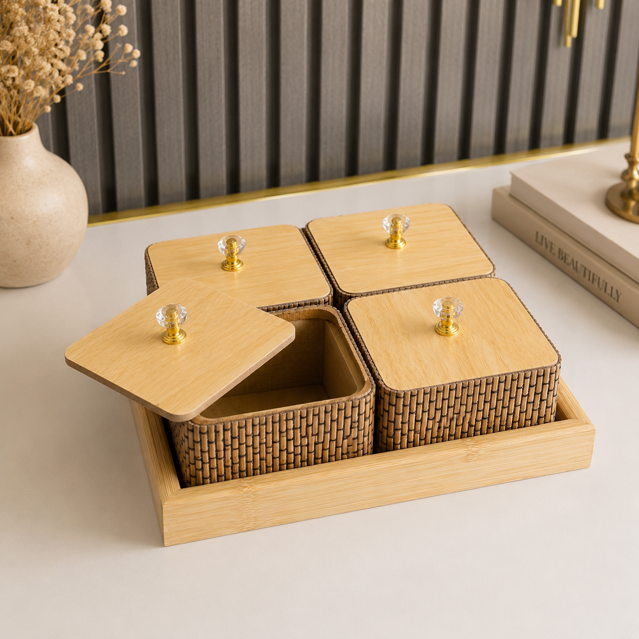 Bandeja Organizadora de Madera con 4 Compartimentos
