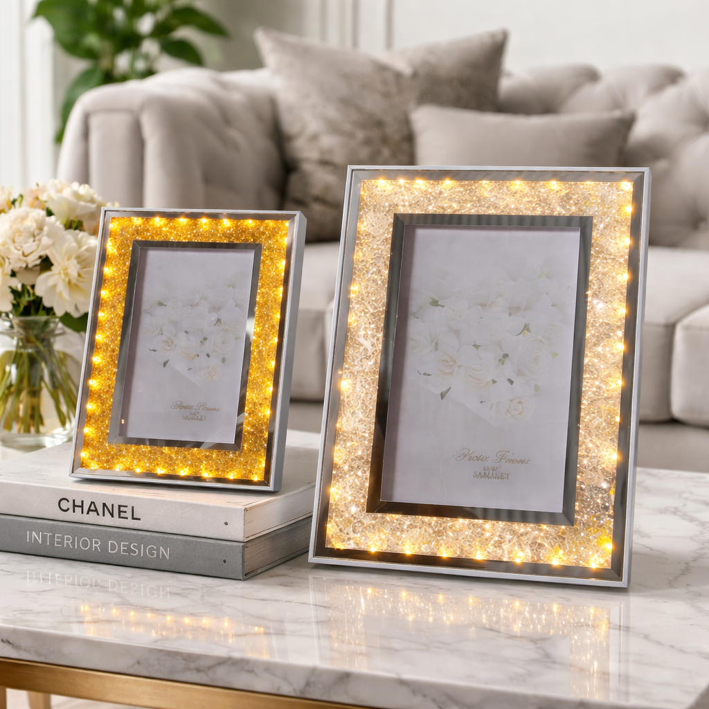 Portafoto LED 20 x 15 cm Decorativo con Cristales y Luz