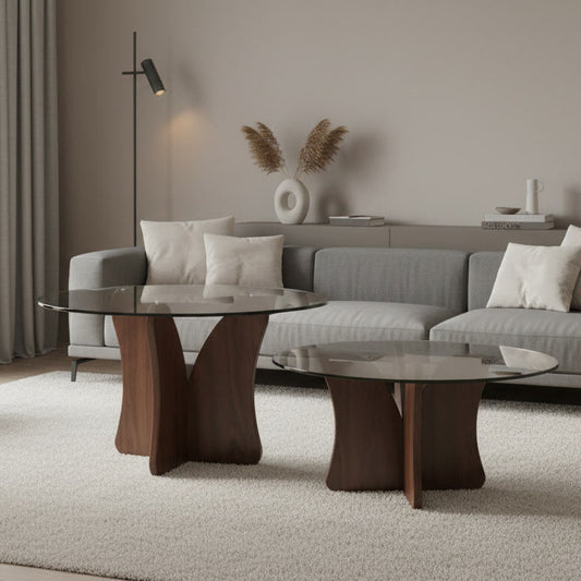 SET MESAS DE CENTRO REDONDAS VIDRIO Y MADERA