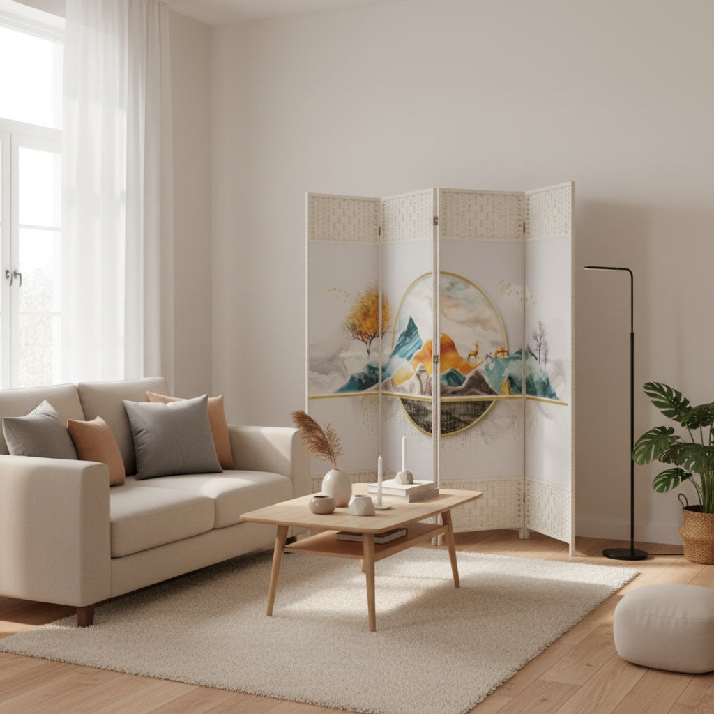 BIOMBO DECORATIVO ARTÍSTICO 4 PANELES DISEÑO MONTAÑA