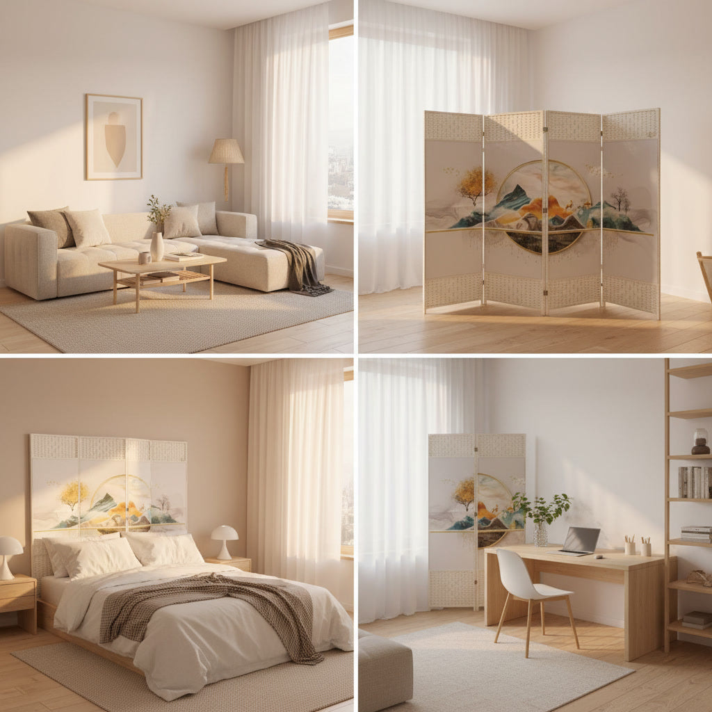 BIOMBO DECORATIVO ARTÍSTICO 4 PANELES DISEÑO MONTAÑA